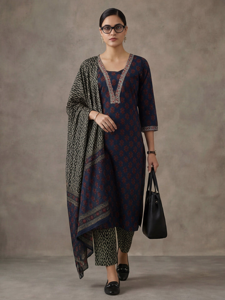 Embroidered Pure Cotton Floral Kurta Sets With Dupatta