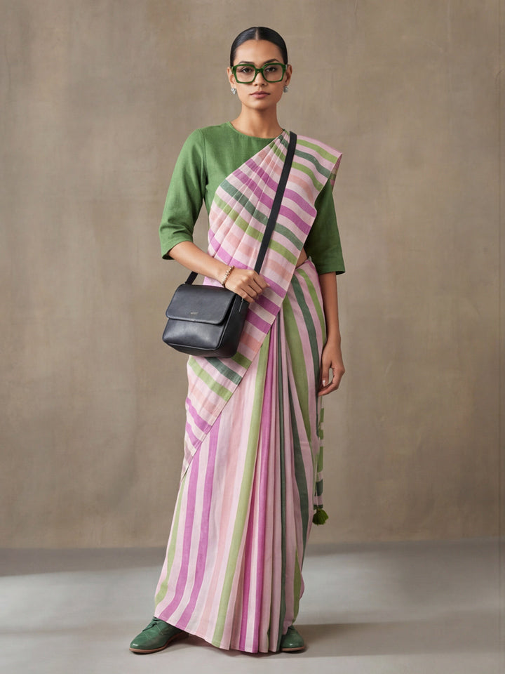 Striped Pure Linen Saree with Unstiched Blouse