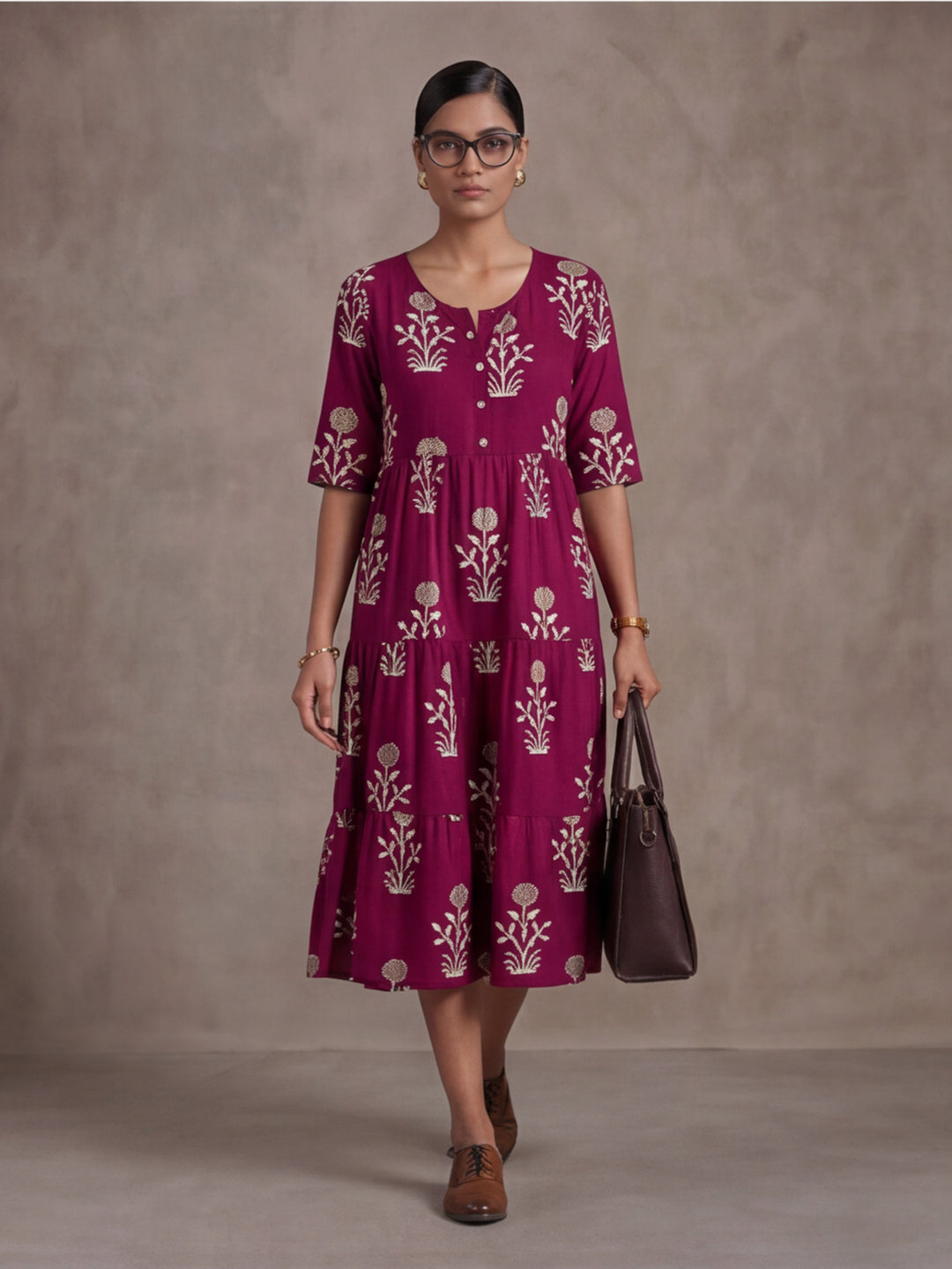 Floral Printed A-Line Tiered Ethnic Dress