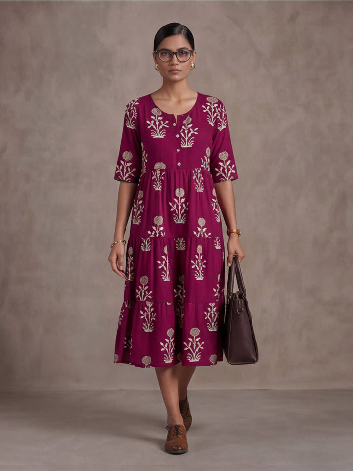 Floral Printed A-Line Tiered Ethnic Dress