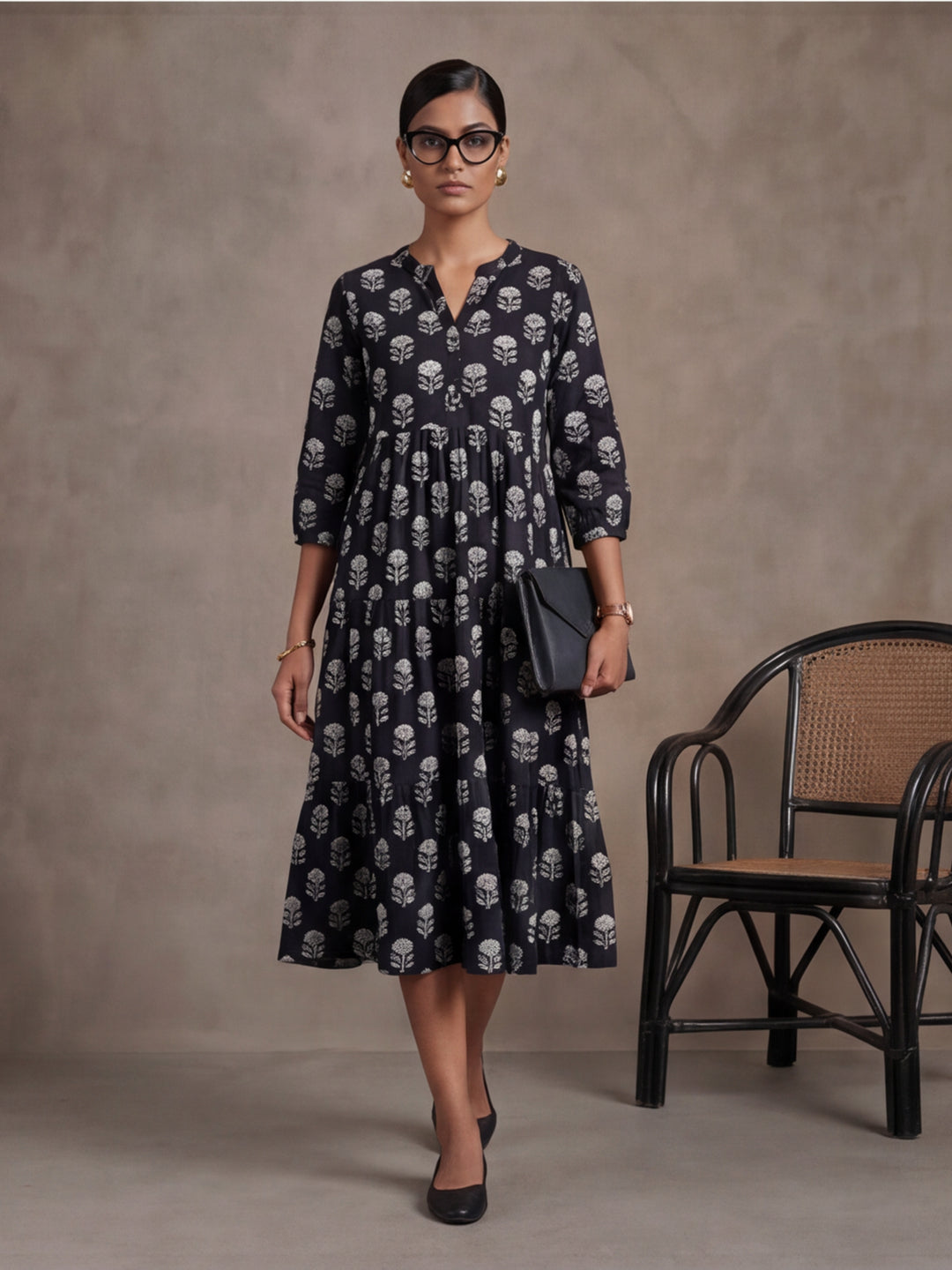 Floral Printed A-Line Tiered Ethnic Dress