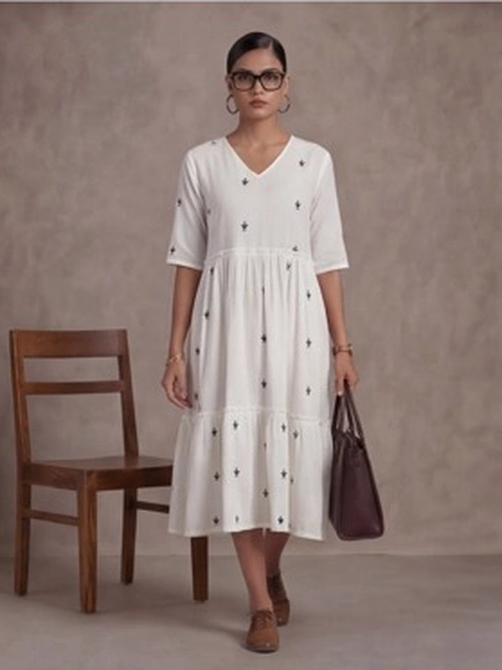 Floral Embroidered A-Line Tiered Ethnic Dress