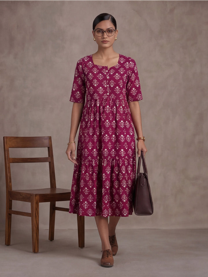 Floral Printed A-Line Tiered Ethnic Dress