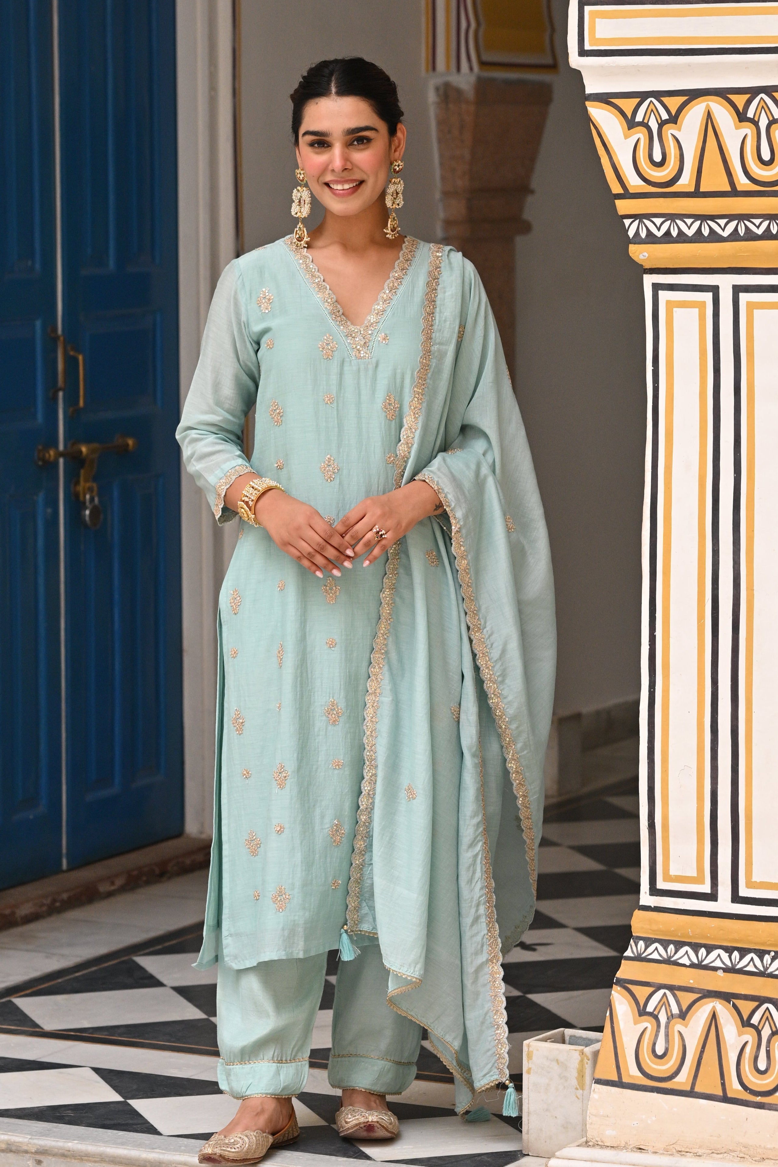 ICE BLUE MUL CHANDERI KURTA SET