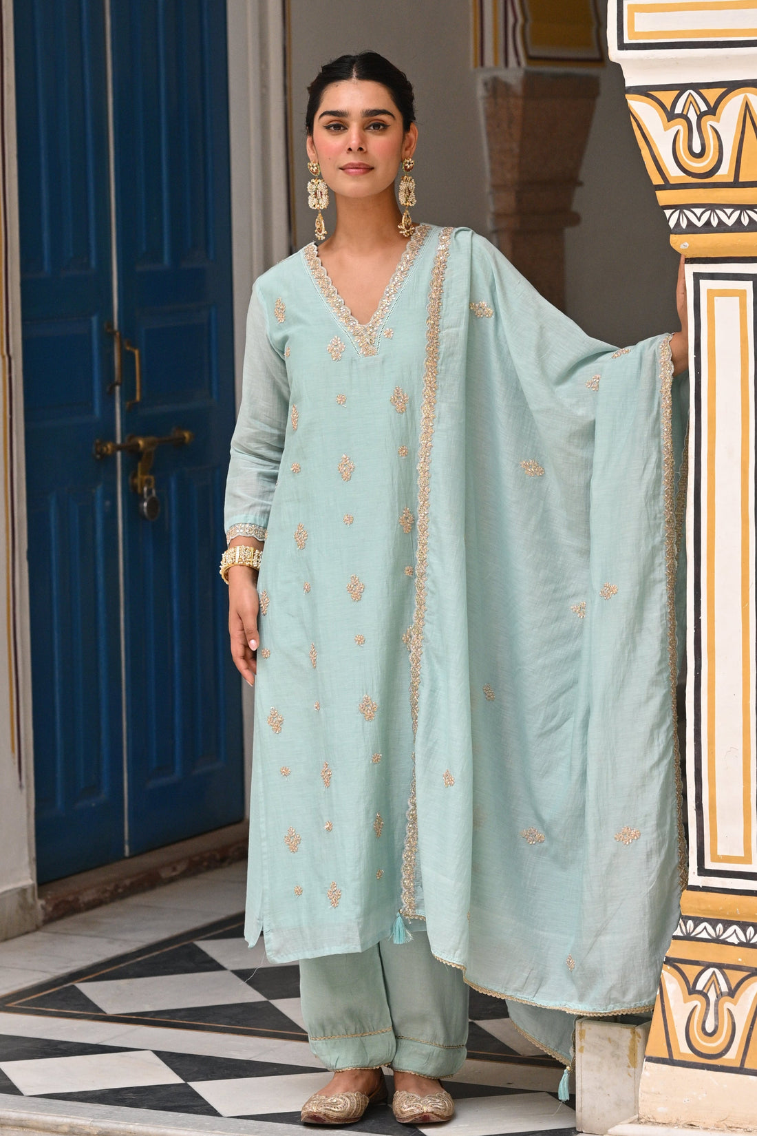 ICE BLUE MUL CHANDERI KURTA SET