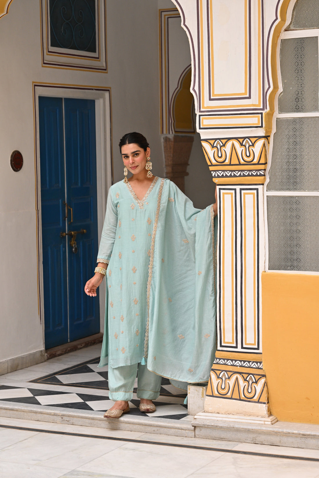 ICE BLUE MUL CHANDERI KURTA SET