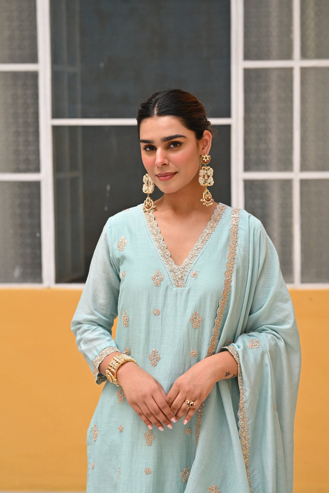 ICE BLUE MUL CHANDERI KURTA SET