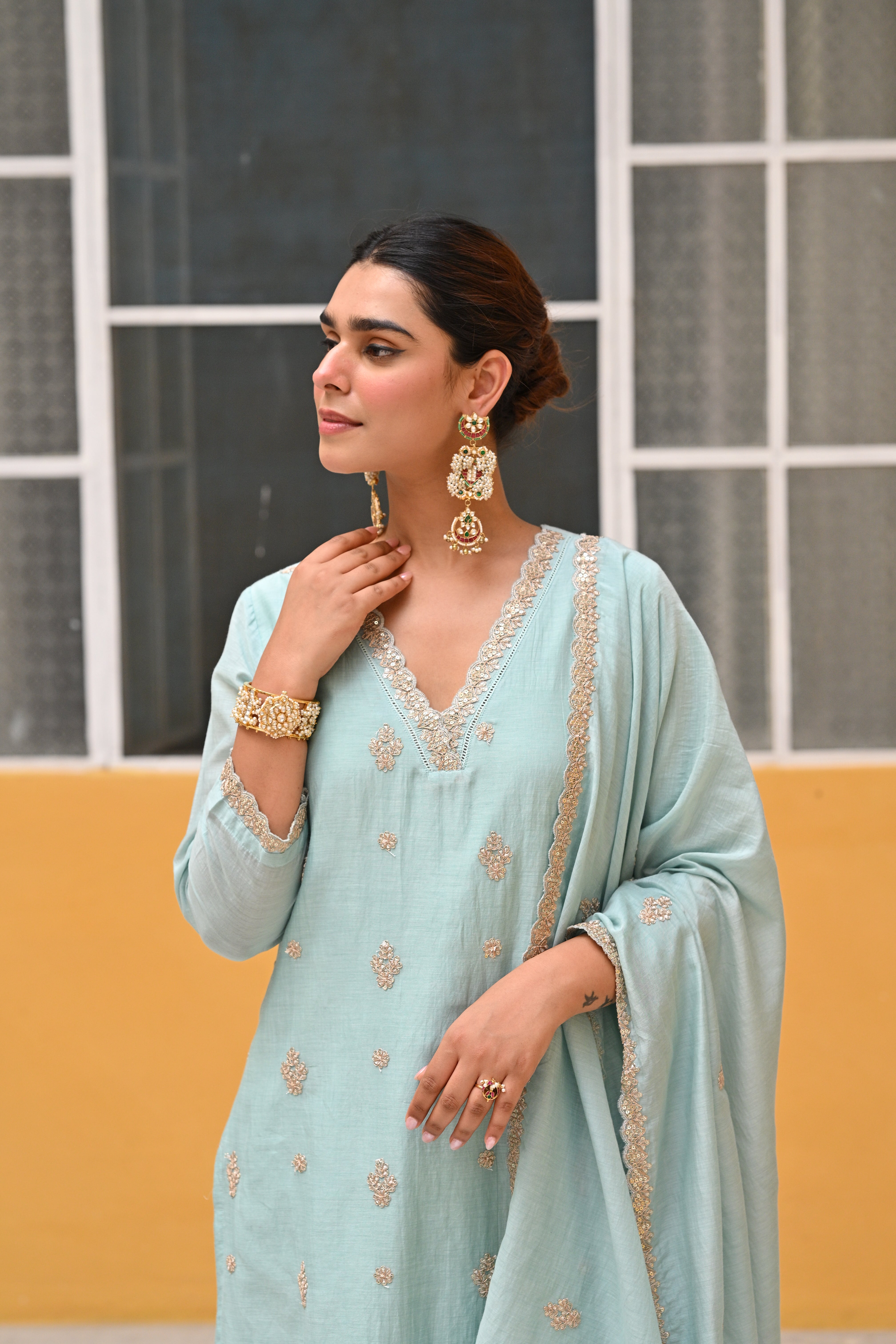 ICE BLUE MUL CHANDERI KURTA SET