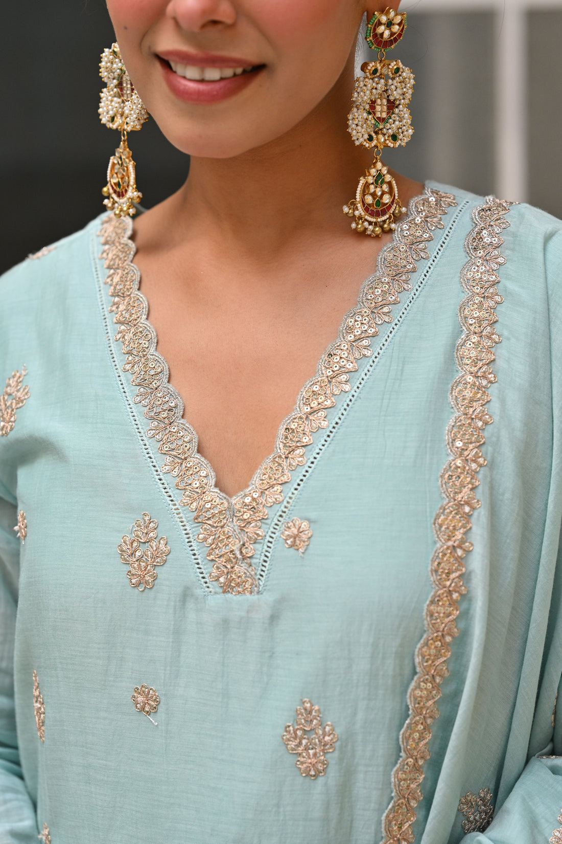 ICE BLUE MUL CHANDERI KURTA SET