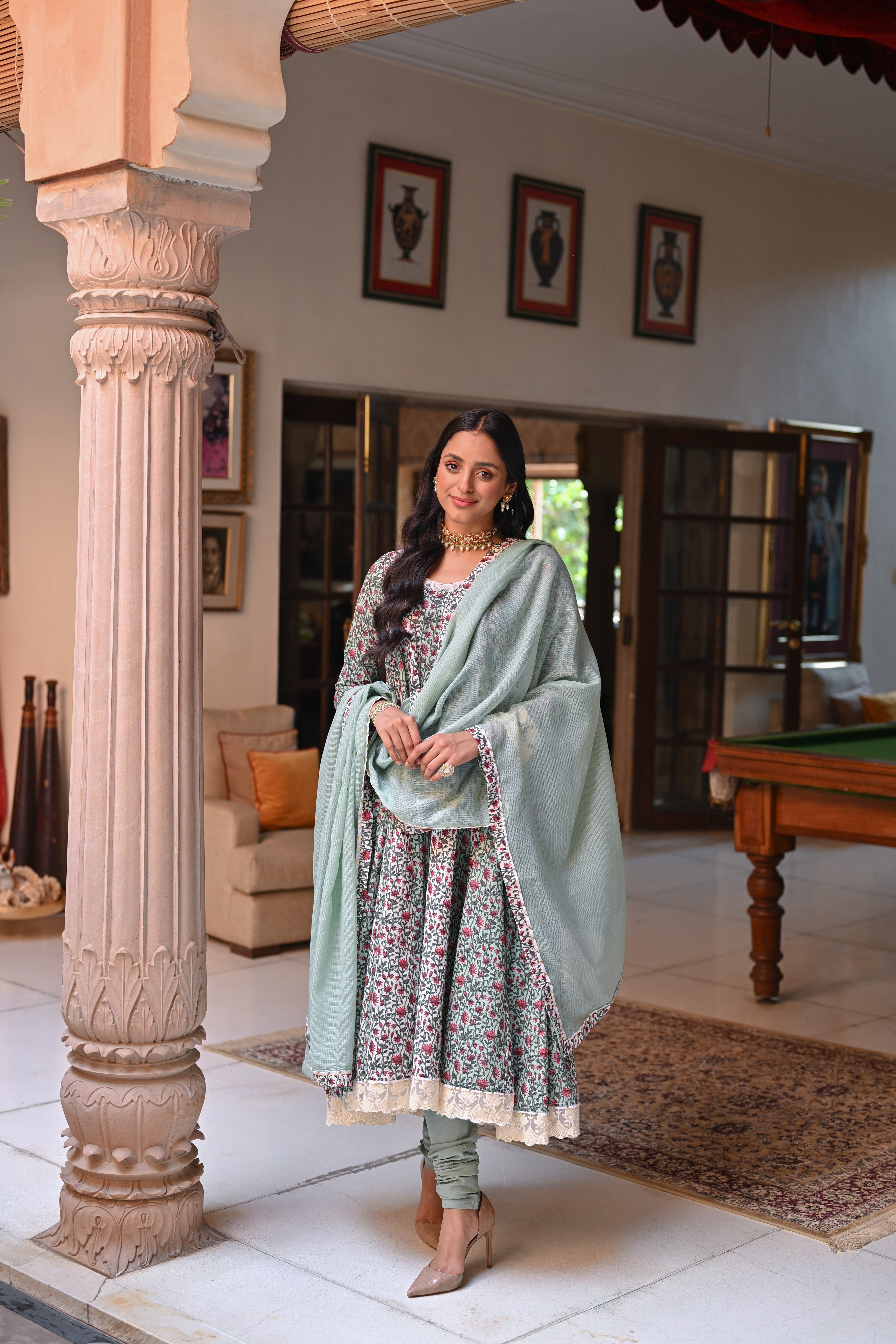 LIGHT GREEN FLORAL PRINT ANARKALI SET