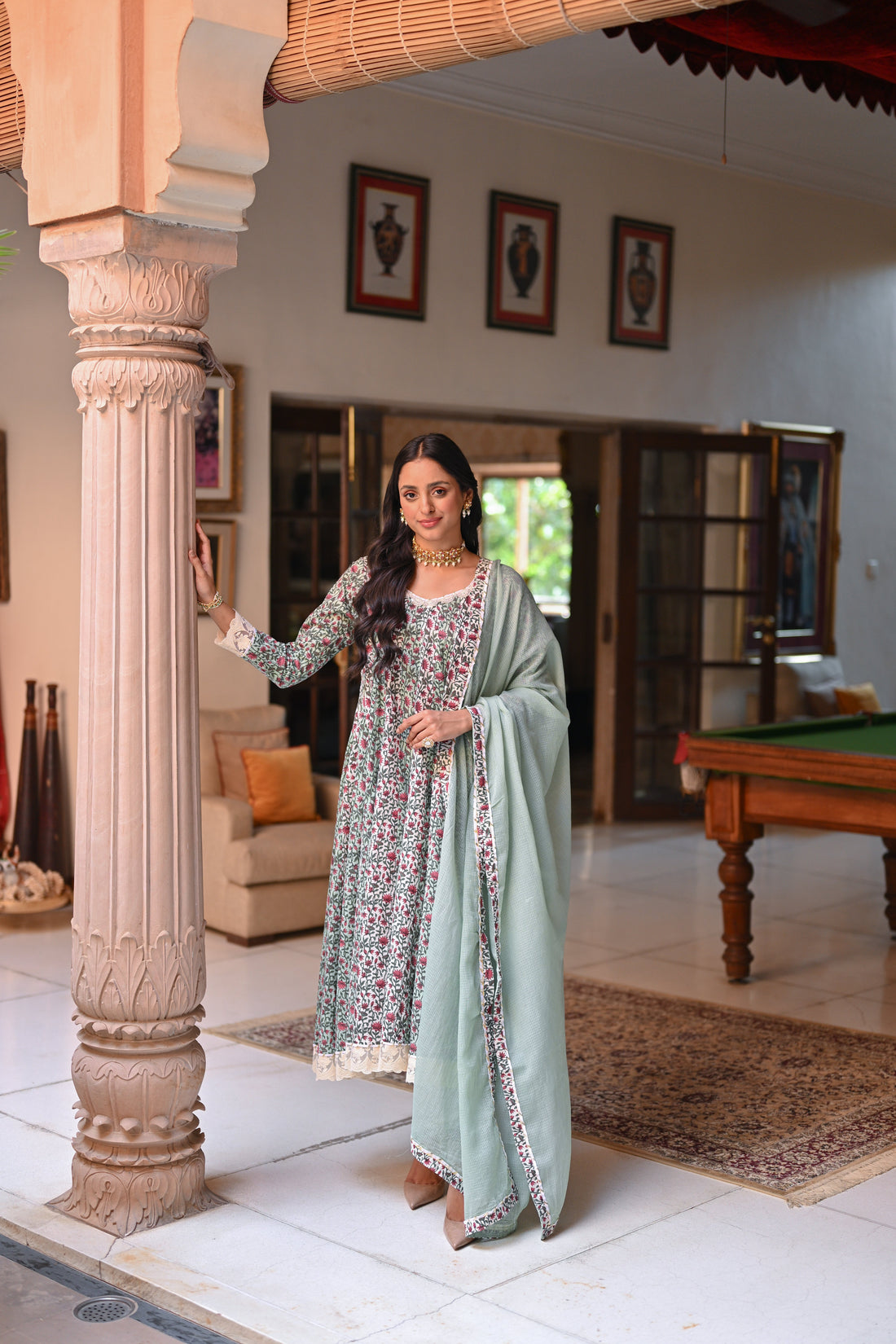 LIGHT GREEN FLORAL PRINT ANARKALI SET