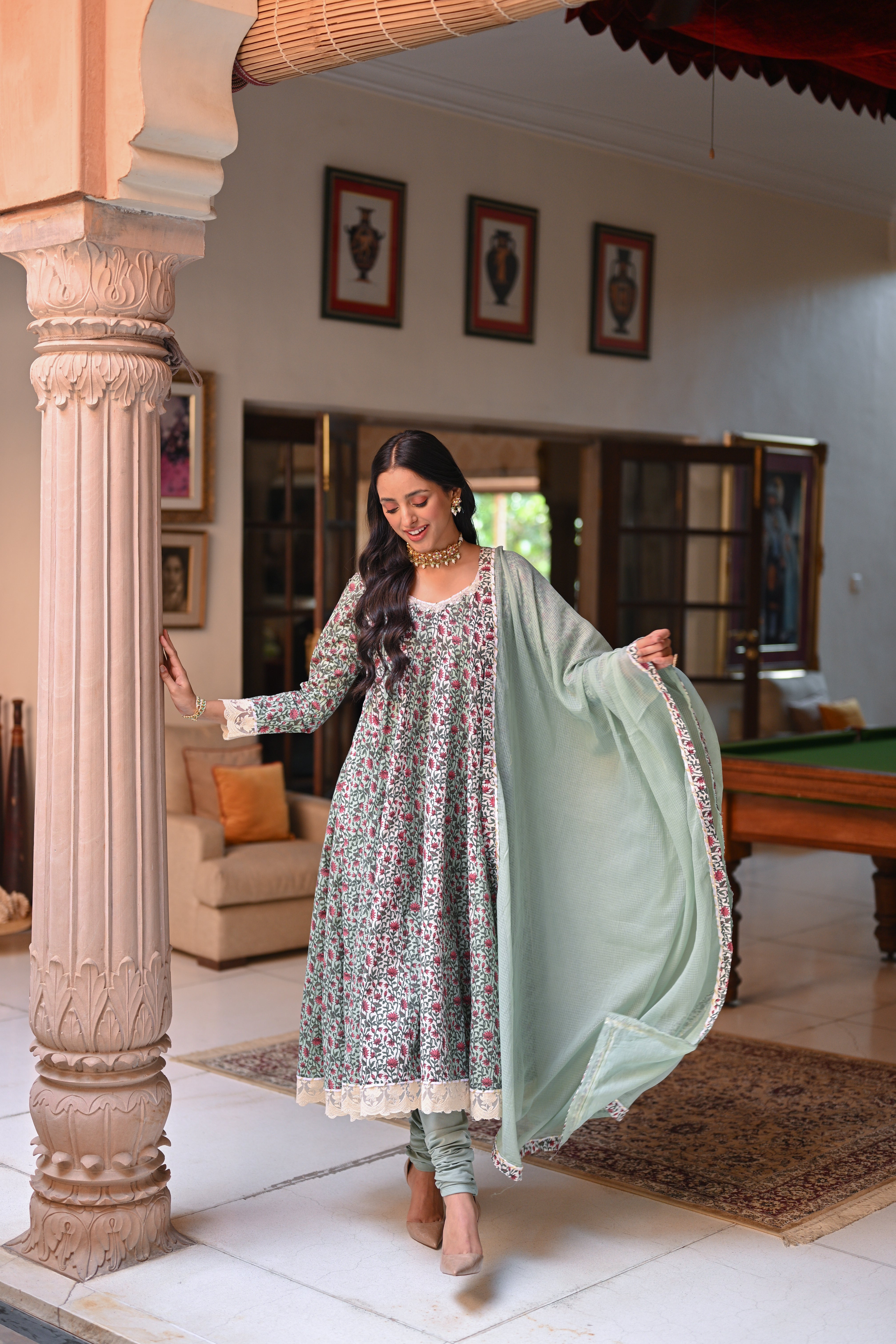 LIGHT GREEN FLORAL PRINT ANARKALI SET
