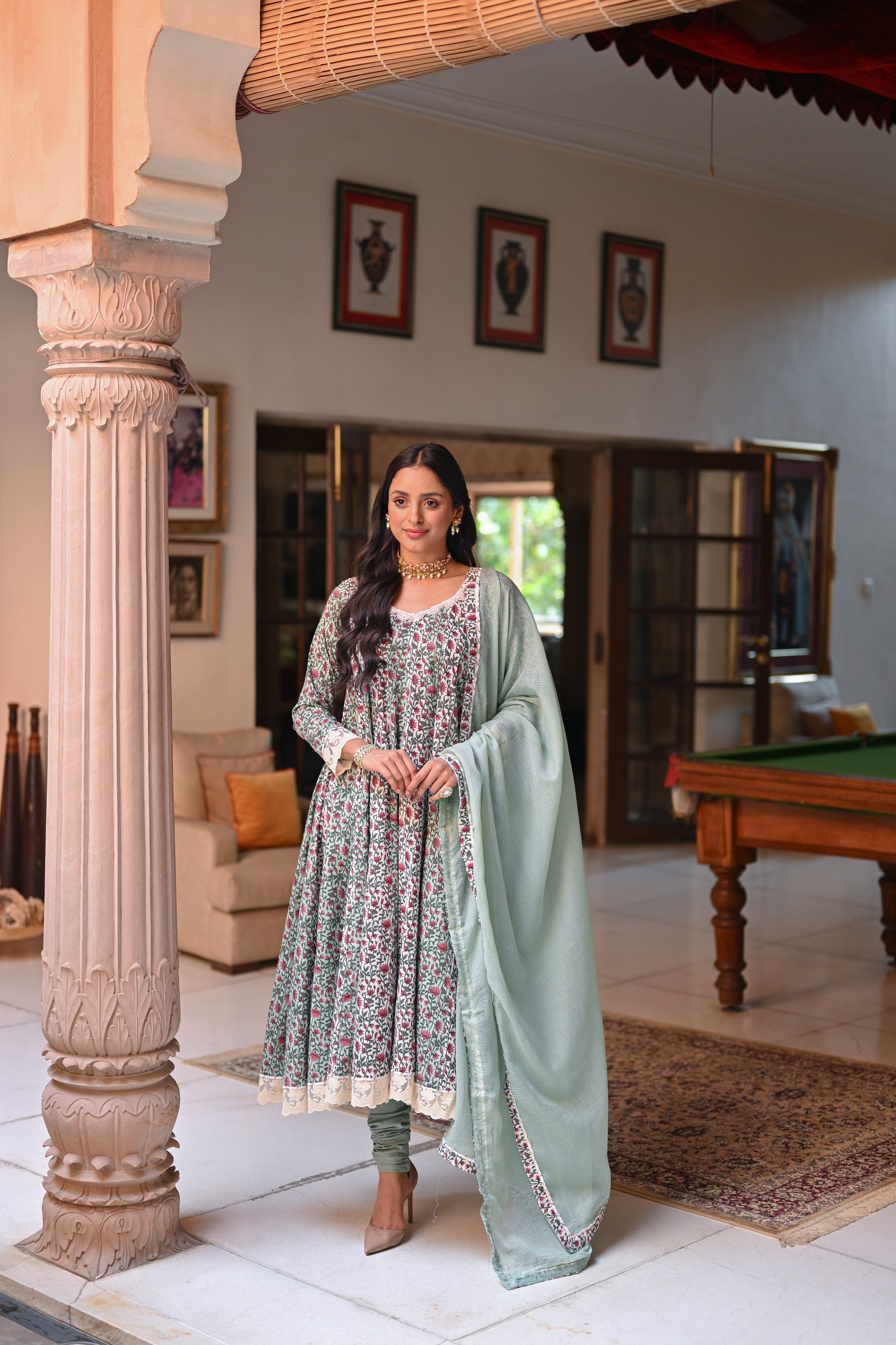 LIGHT GREEN FLORAL PRINT ANARKALI SET