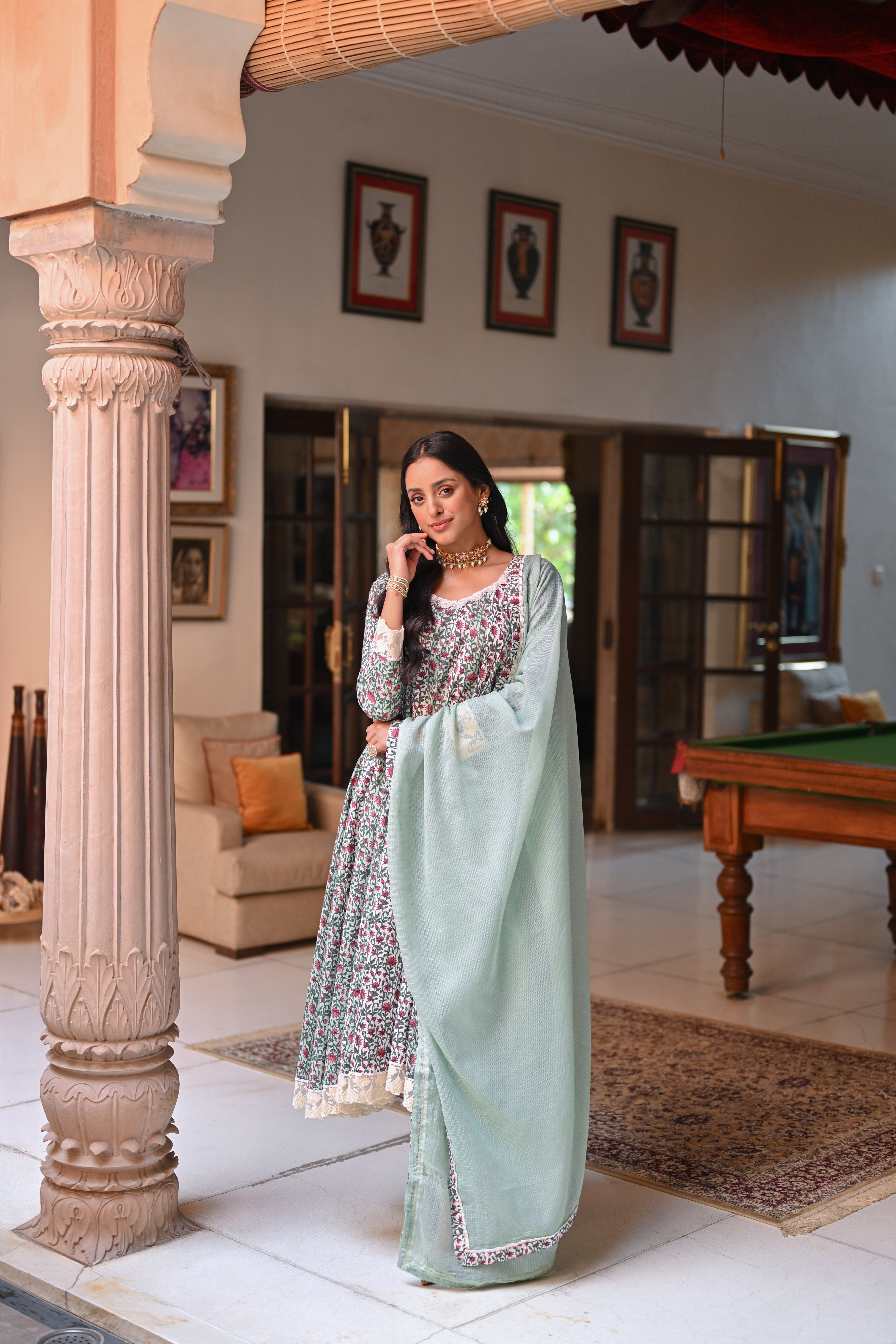 LIGHT GREEN FLORAL PRINT ANARKALI SET