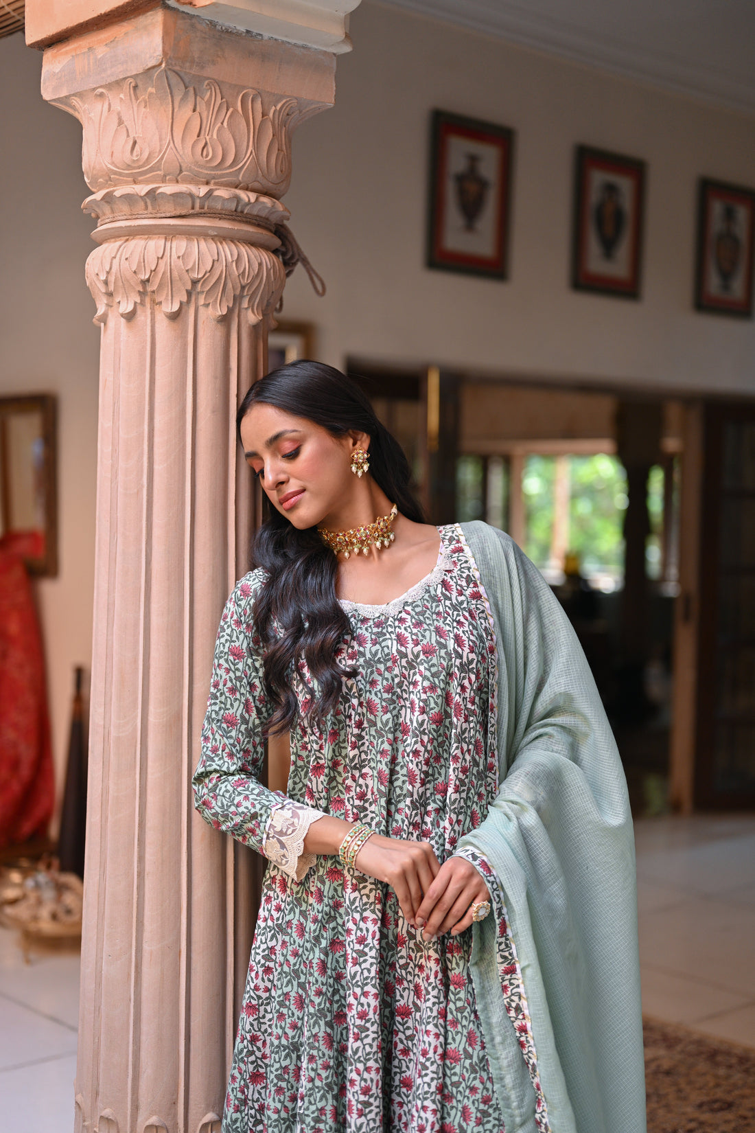 LIGHT GREEN FLORAL PRINT ANARKALI SET