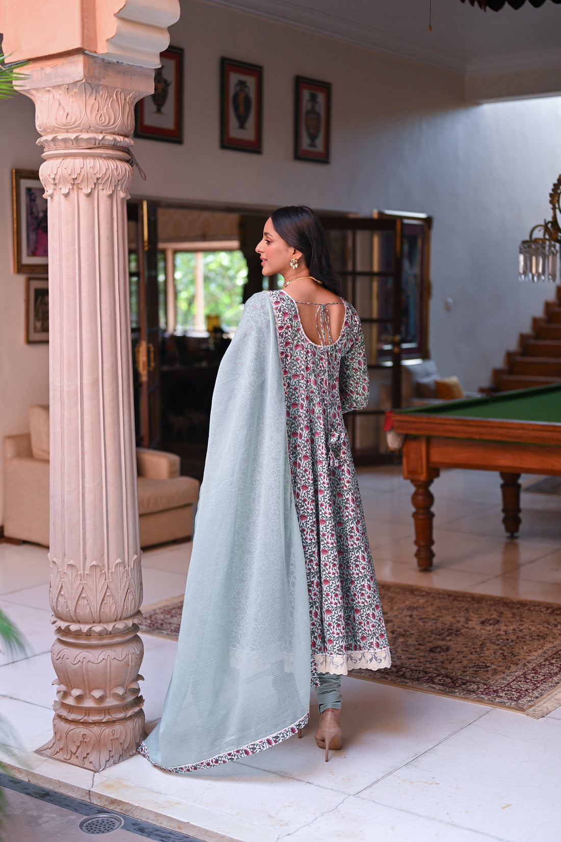 LIGHT GREEN FLORAL PRINT ANARKALI SET