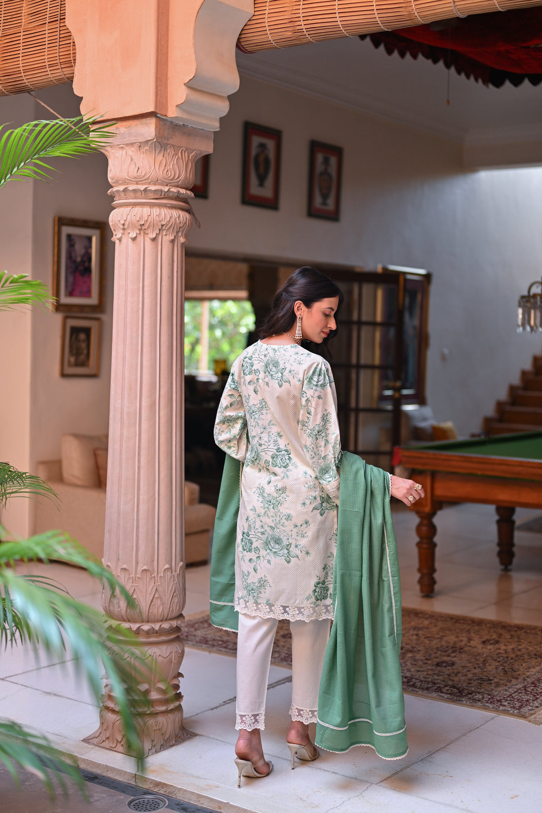CREAM AND GREEN FLORAL SHORT KURTA SET