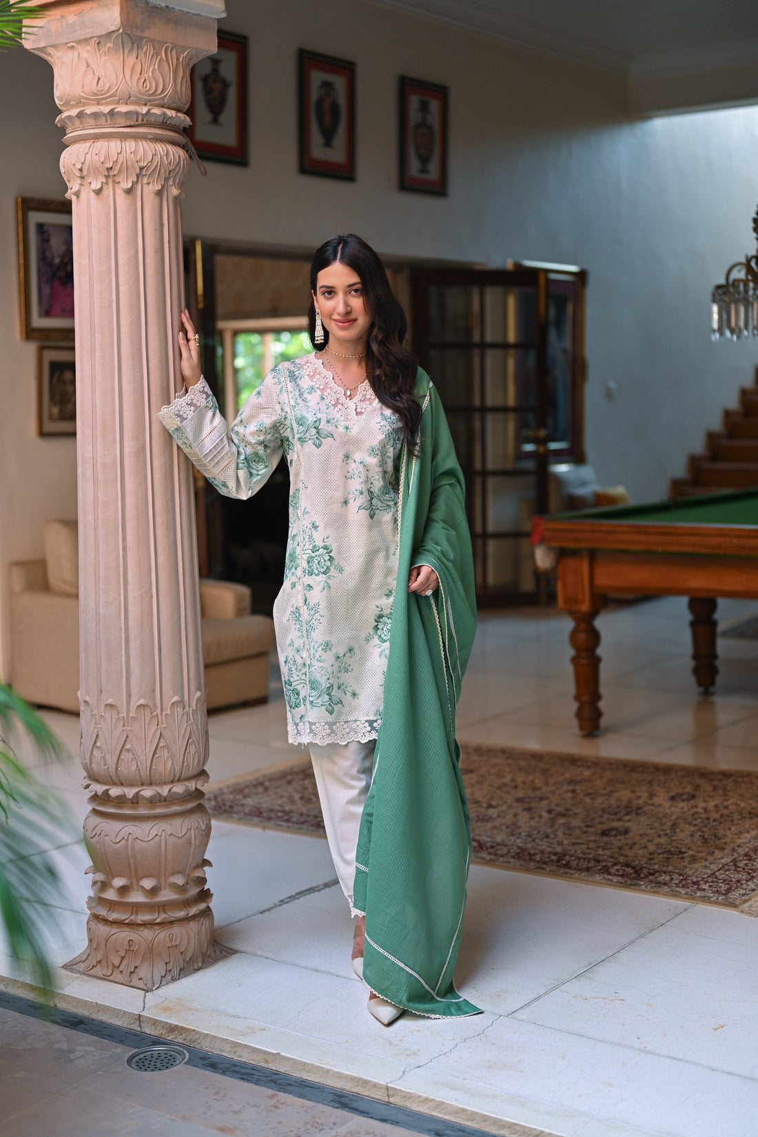 CREAM AND GREEN FLORAL SHORT KURTA SET