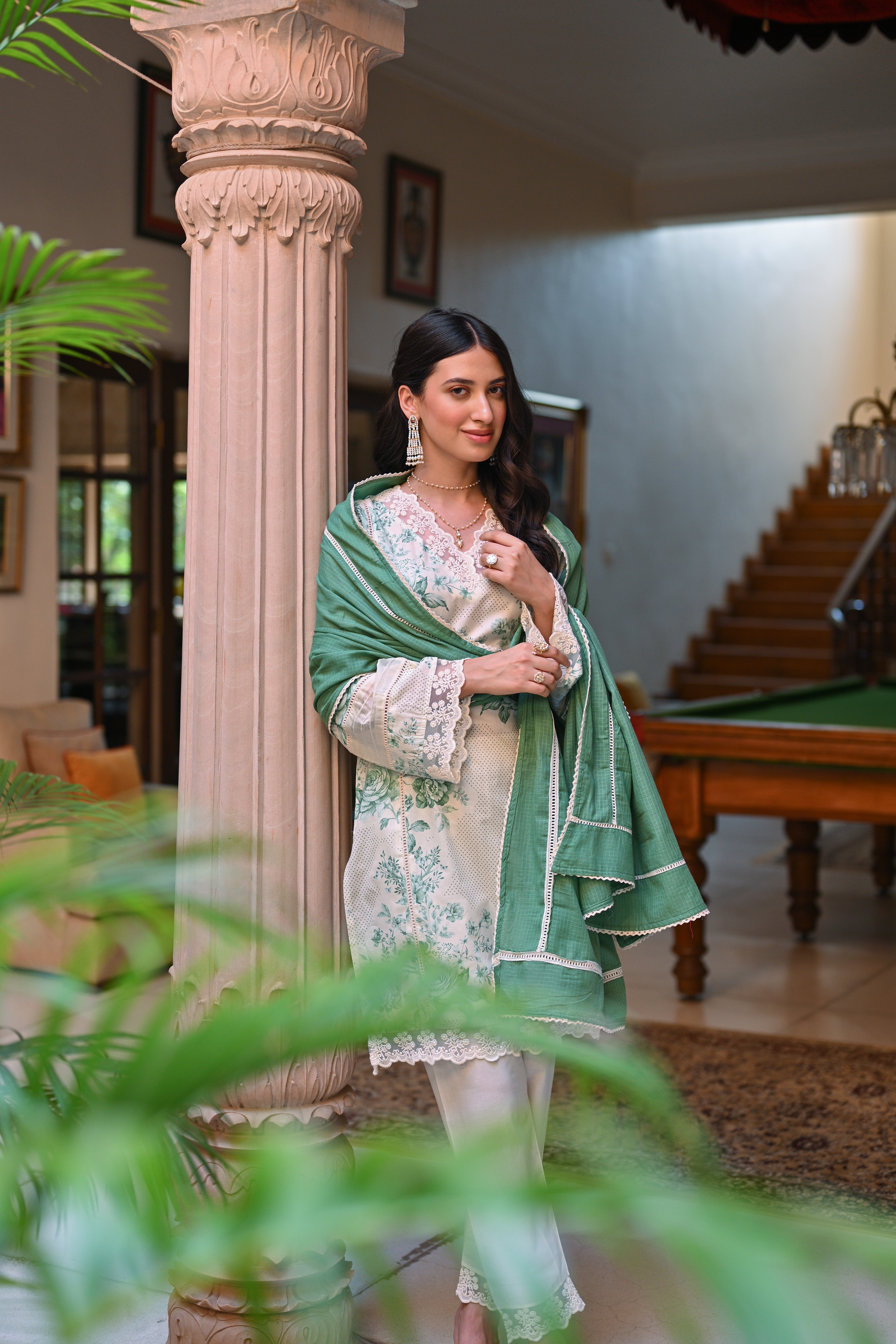 CREAM AND GREEN FLORAL SHORT KURTA SET