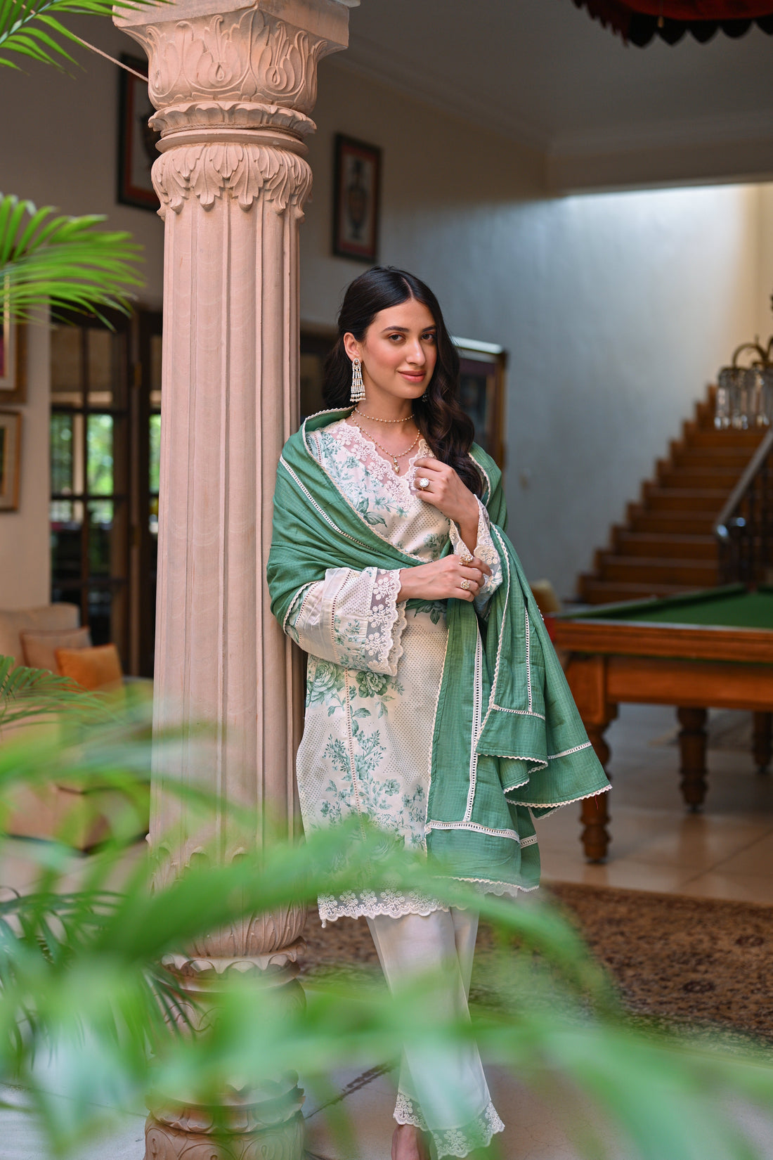 CREAM AND GREEN FLORAL SHORT KURTA SET