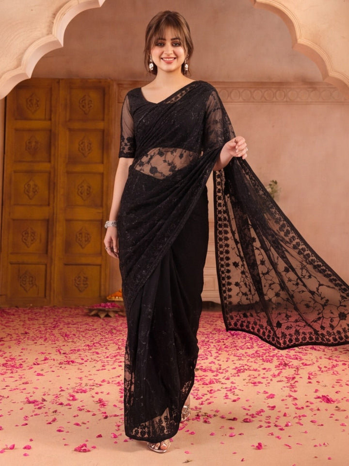 Black Blue Embroidered Sheer Saree with Floral Motifs
