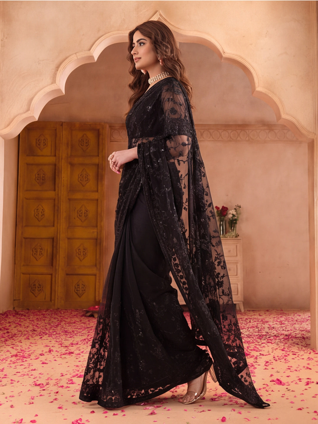 Black Embroidered Sheer Saree with Floral Motifs