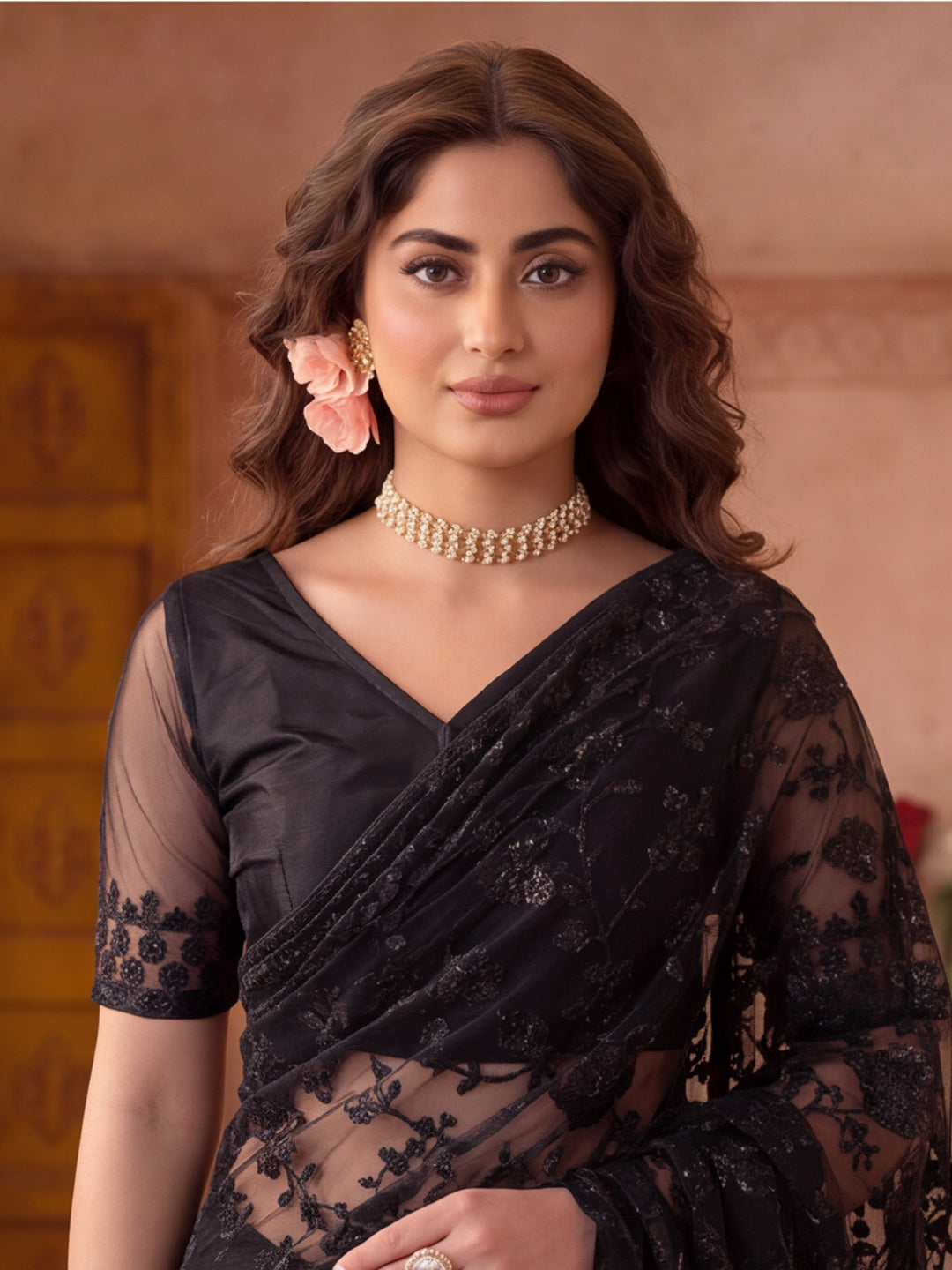 Black Embroidered Sheer Saree with Floral Motifs