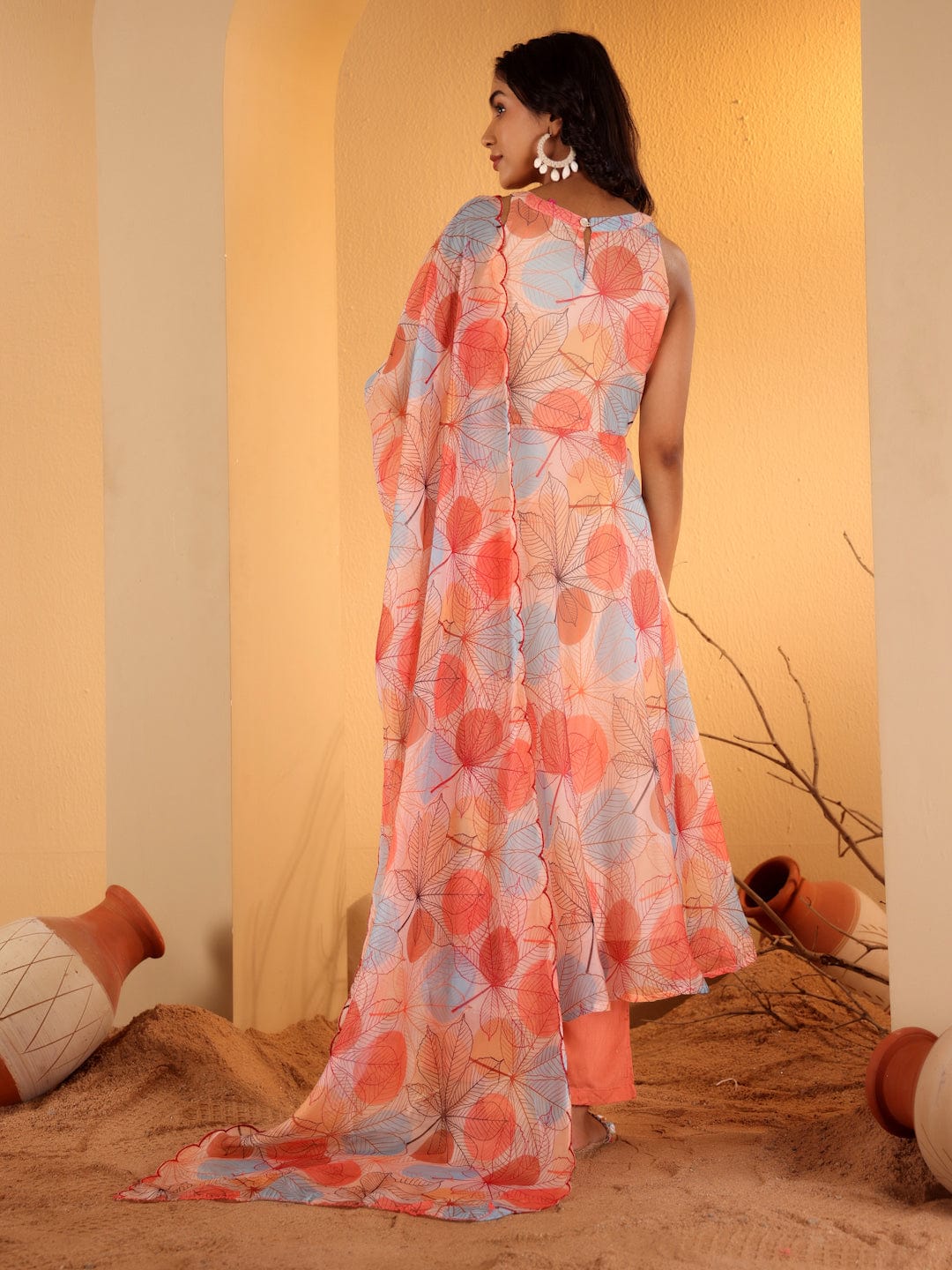 zeyvelle Women Beige Abstract Printed Sleeveless Anarkali Kurta Paired With Tonal Solid Bottom And Dupatta