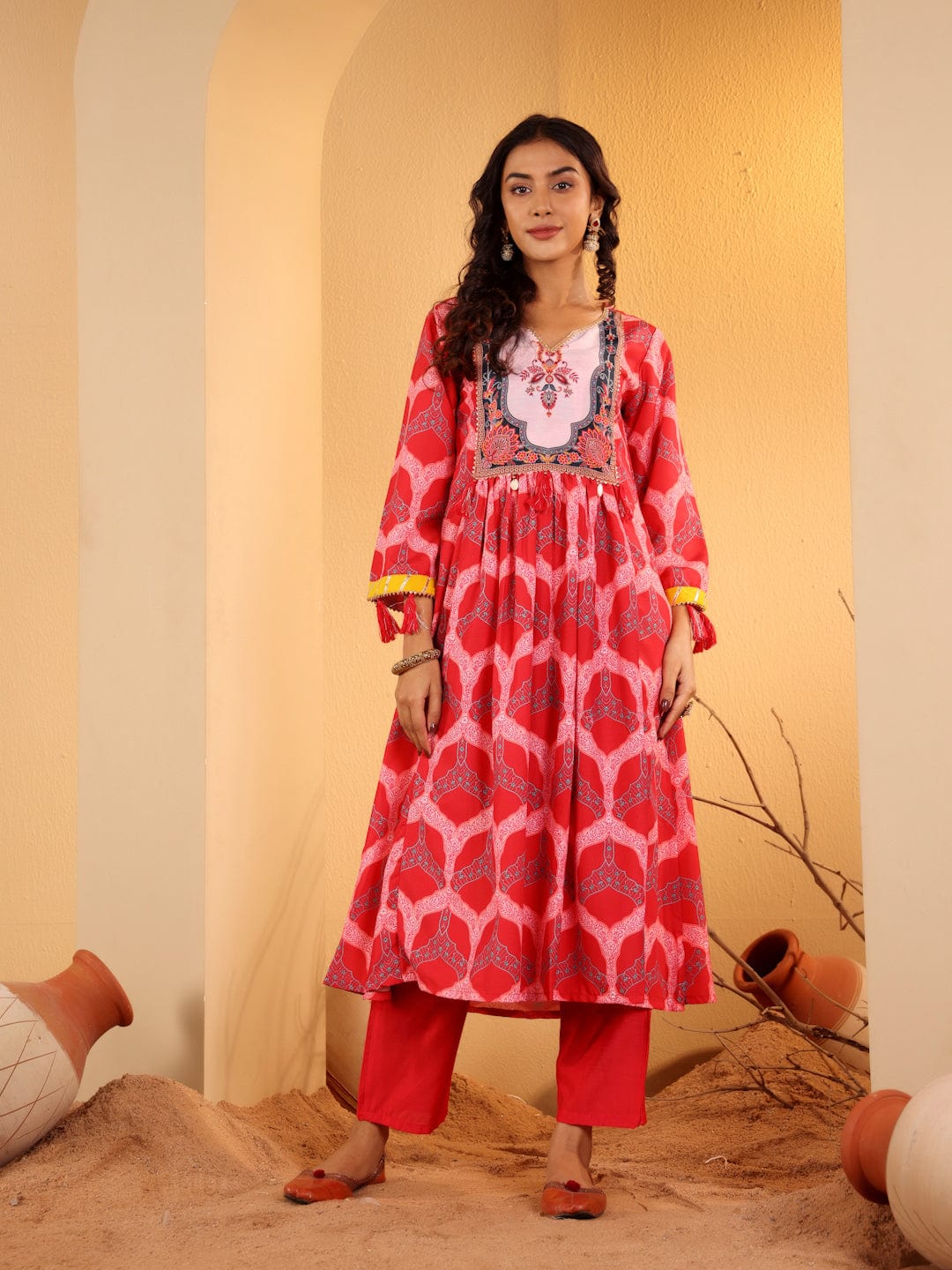 zeyvelle Women Red Ethnic Motif Printed Anarkali Kurta Paired With Tonal Solid Bottom And Dupatta