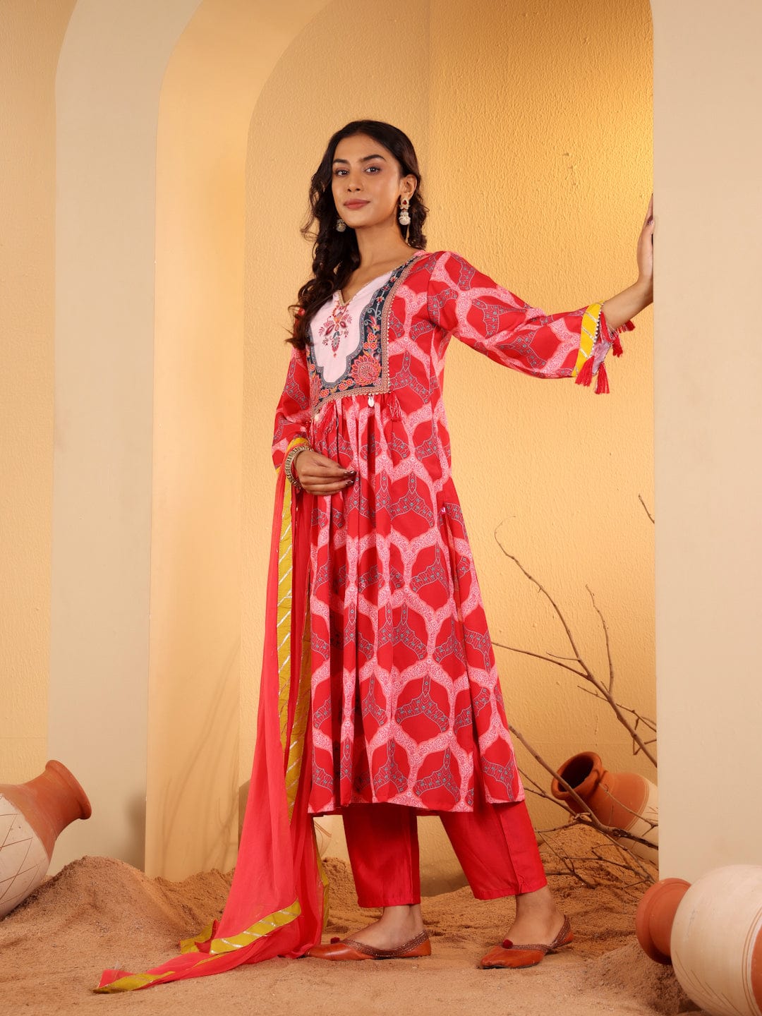 zeyvelle Women Red Ethnic Motif Printed Anarkali Kurta Paired With Tonal Solid Bottom And Dupatta