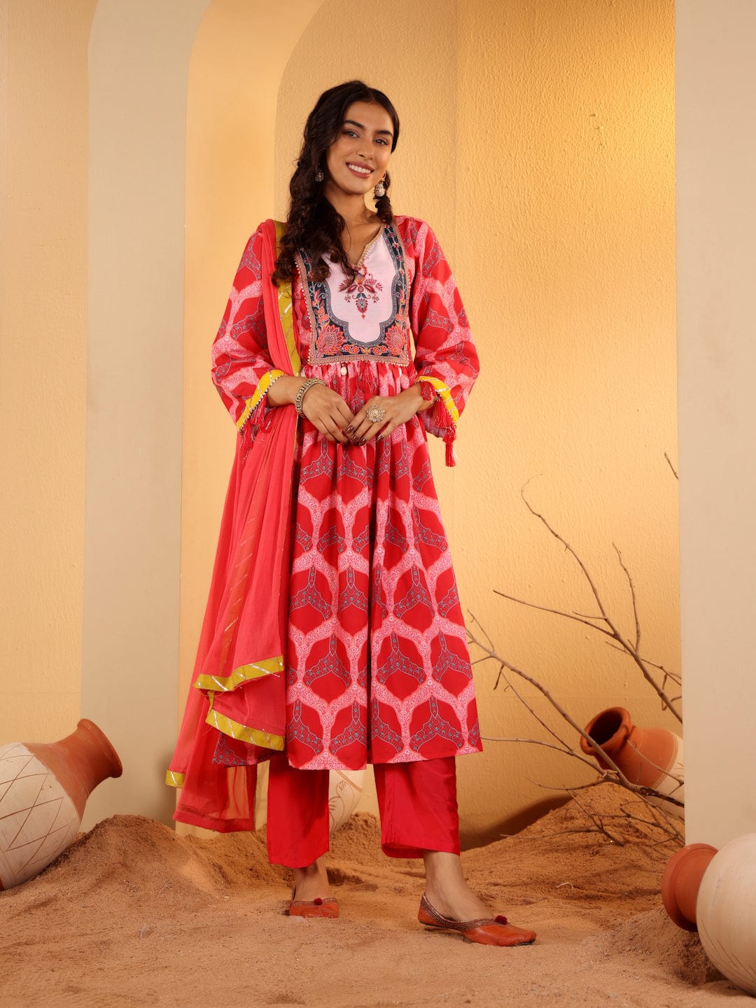 zeyvelle Women Red Ethnic Motif Printed Anarkali Kurta Paired With Tonal Solid Bottom And Dupatta