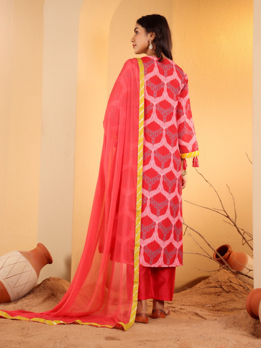 zeyvelle Women Red Ethnic Motif Printed Anarkali Kurta Paired With Tonal Solid Bottom And Dupatta