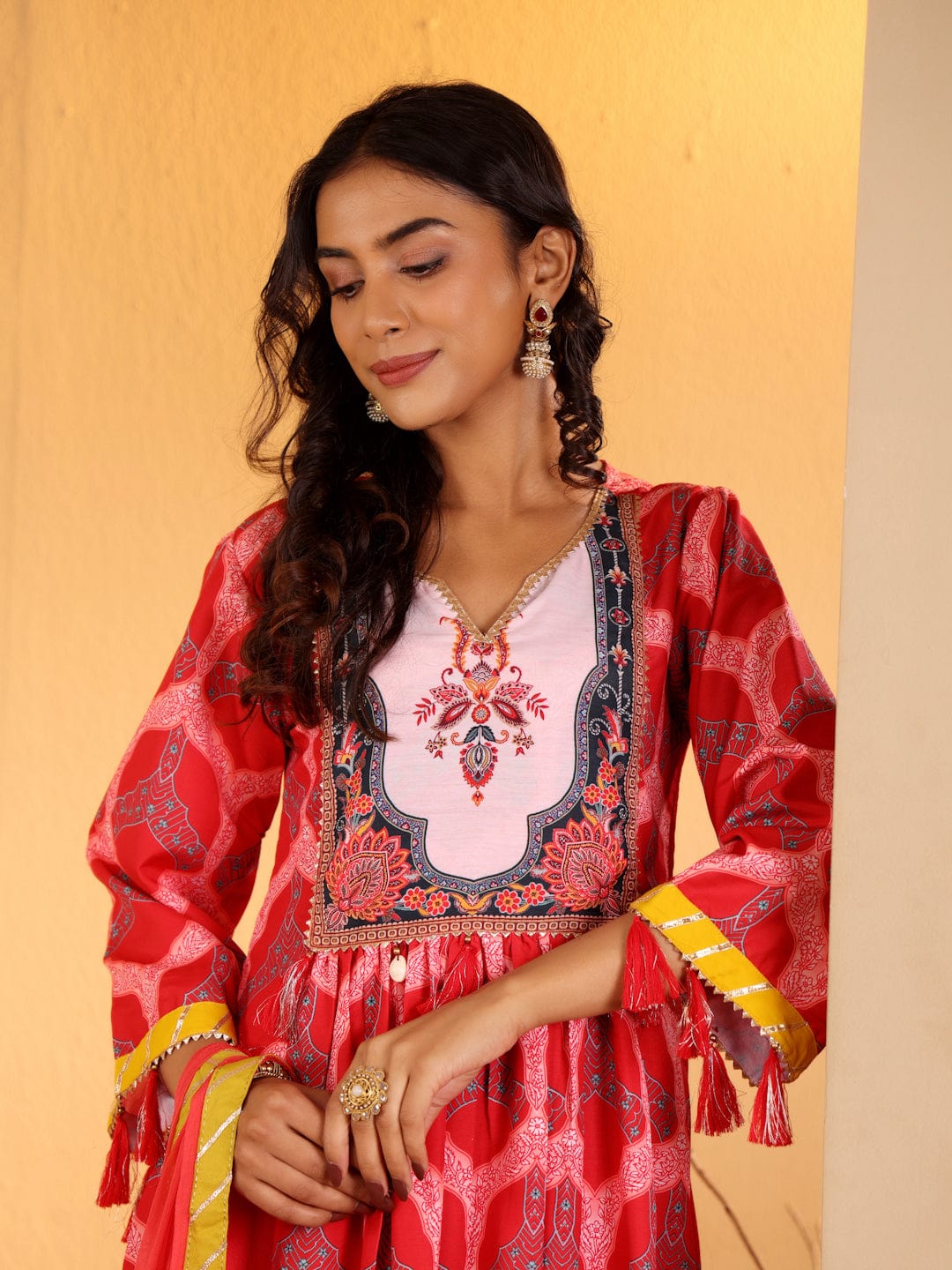 zeyvelle Women Red Ethnic Motif Printed Anarkali Kurta Paired With Tonal Solid Bottom And Dupatta