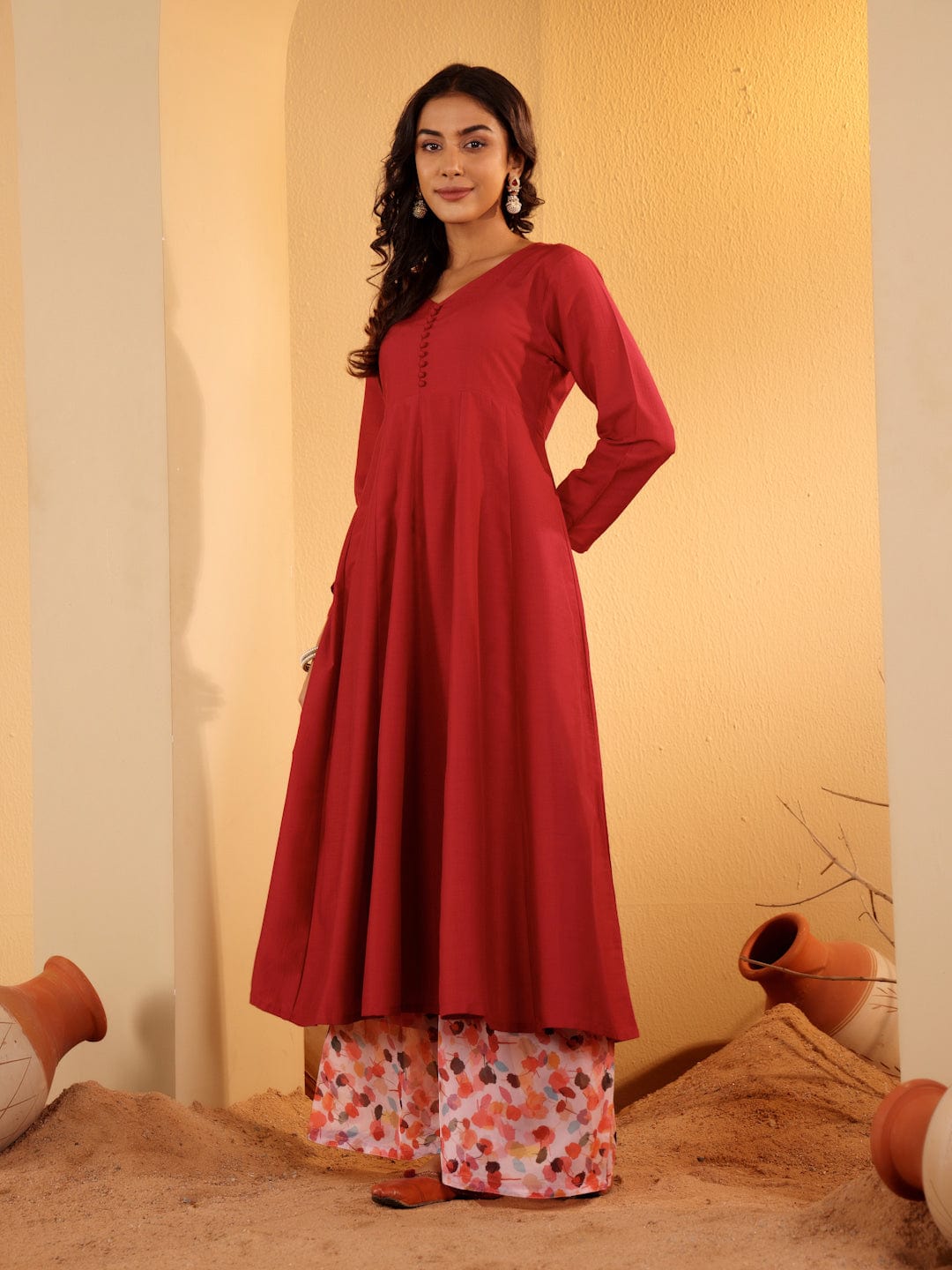 zeyvelle Women Maroon Anarkali Kurta Paired With Contrast Bottom And Dupatta