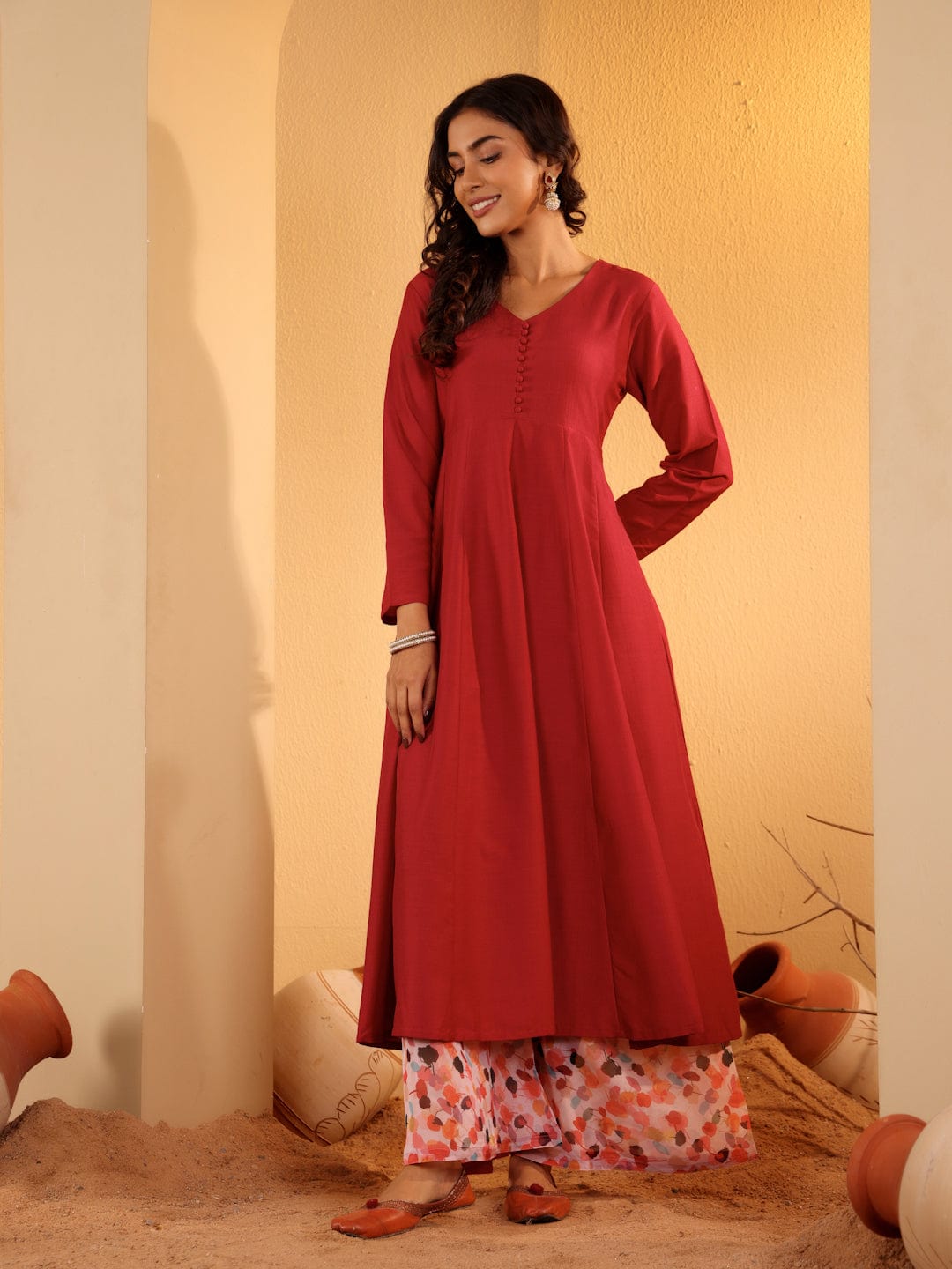 zeyvelle Women Maroon Anarkali Kurta Paired With Contrast Bottom And Dupatta