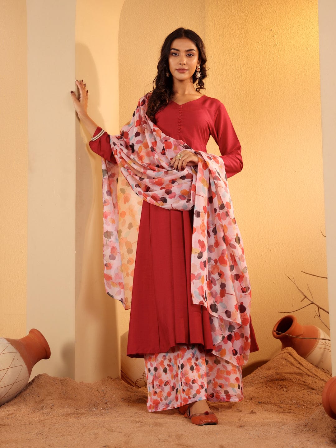 zeyvelle Women Maroon Anarkali Kurta Paired With Contrast Bottom And Dupatta