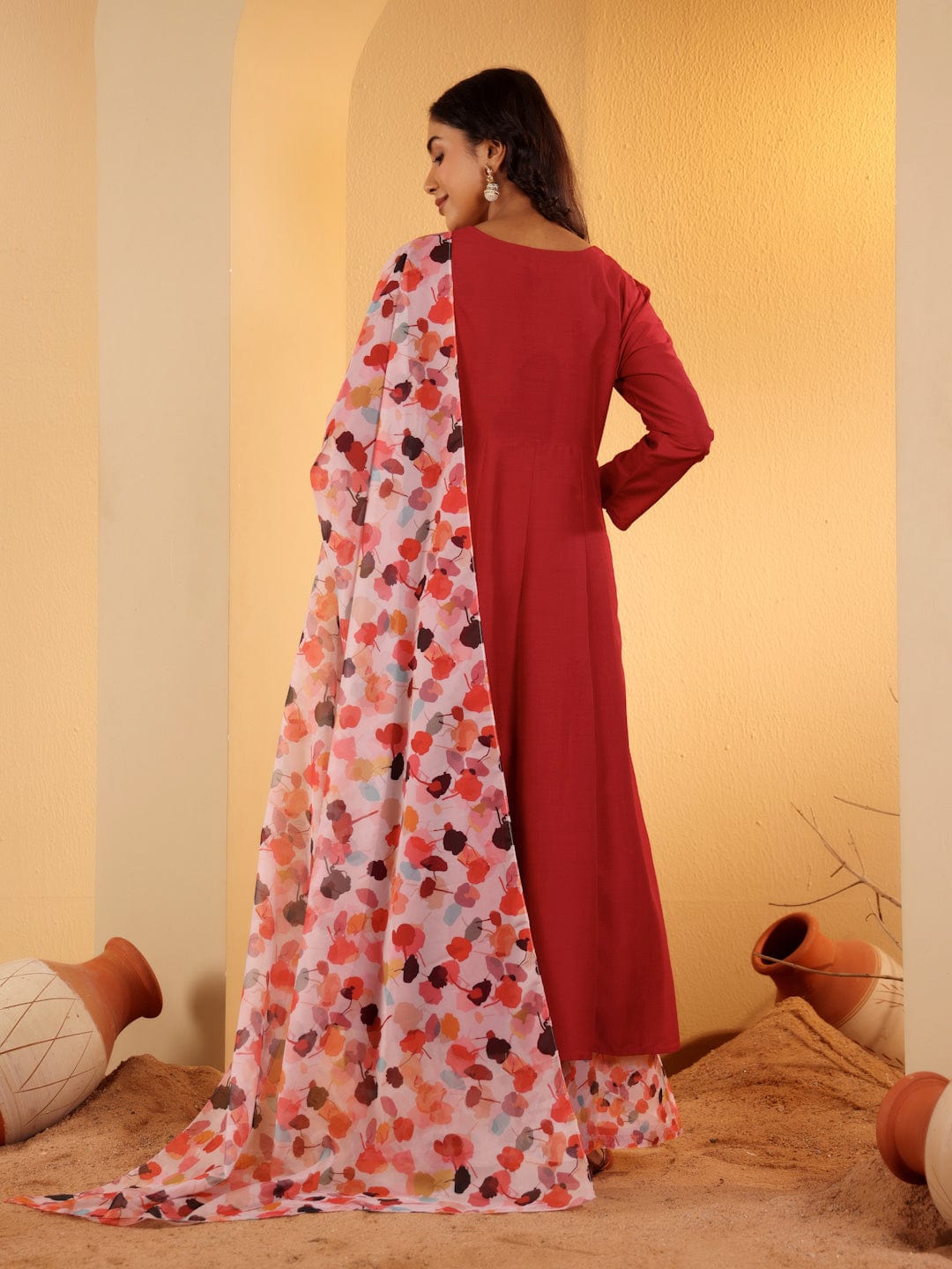zeyvelle Women Maroon Anarkali Kurta Paired With Contrast Bottom And Dupatta