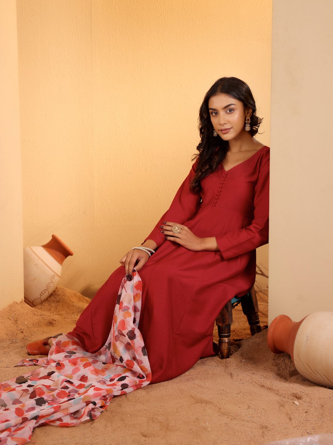 zeyvelle Women Maroon Anarkali Kurta Paired With Contrast Bottom And Dupatta