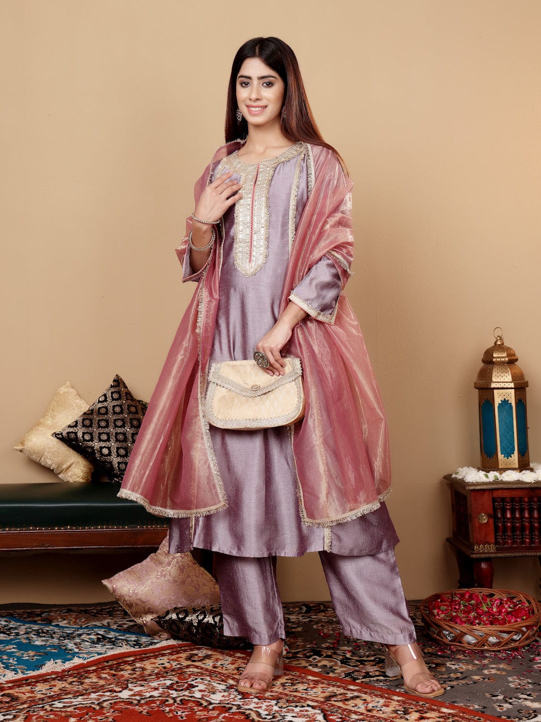zeyvelle Women Lavender Zari Lace Embellished Anarkali Kurta With Trousers And Tissue Dupatta.
