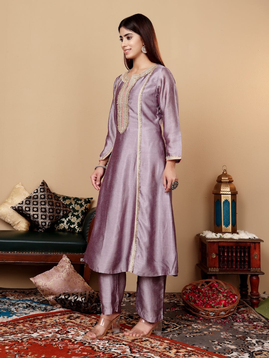 zeyvelle Women Lavender Zari Lace Embellished Anarkali Kurta With Trousers And Tissue Dupatta.