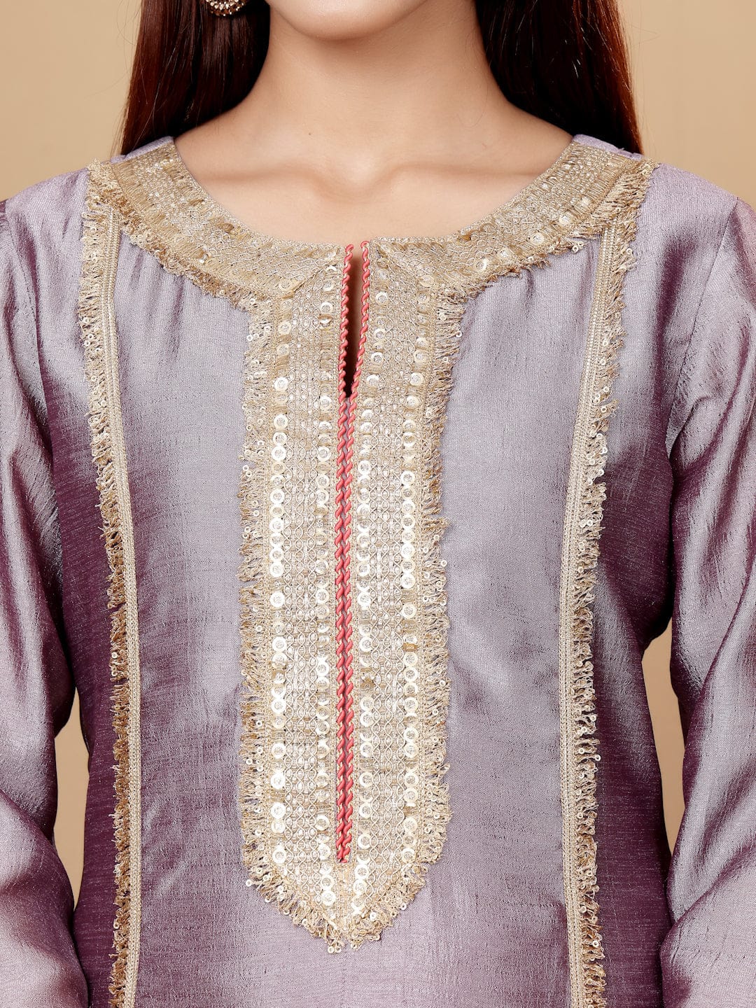 zeyvelle Women Lavender Zari Lace Embellished Anarkali Kurta With Trousers And Tissue Dupatta.