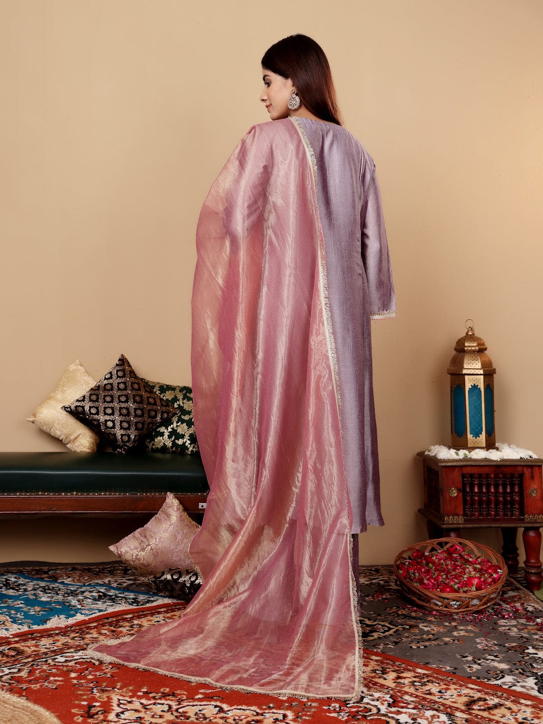 zeyvelle Women Lavender Zari Lace Embellished Anarkali Kurta With Trousers And Tissue Dupatta.