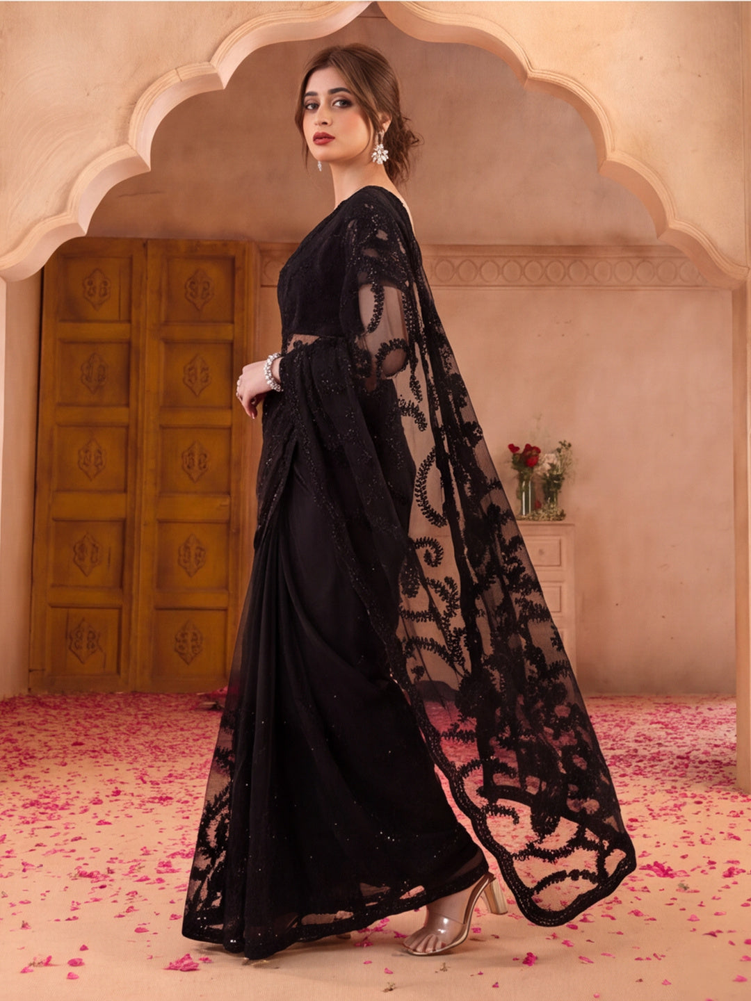 Black Embroidered Sheer Saree with Floral Motifs