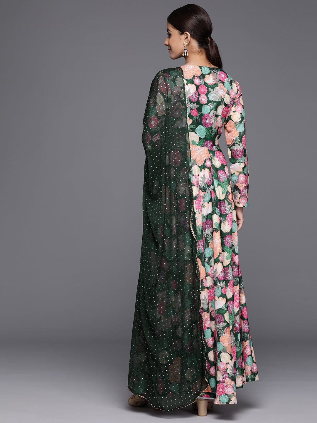KSUT WomenWomen Green Floral Printed Angrakha Style Anarkali Kurta Paired With Dupatta