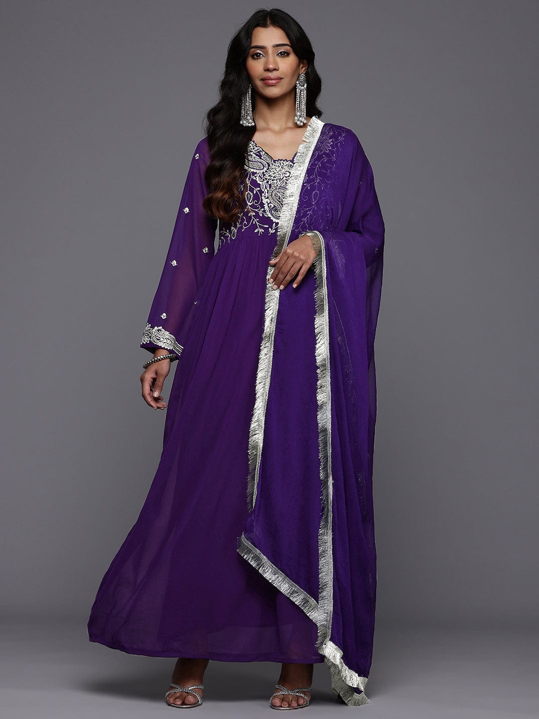 zeyvelle Women Purple V Scalloped Neck with Zari and Thread Embroidered Anarkali Kurta with Dupatta