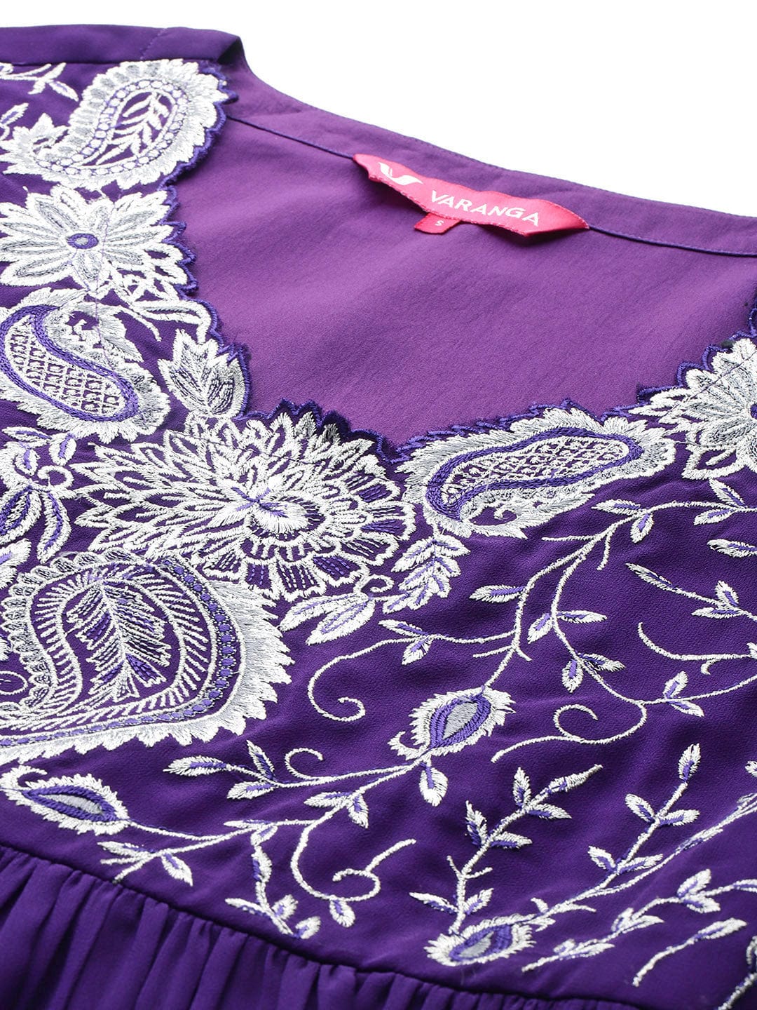 zeyvelle Women Purple V Scalloped Neck with Zari and Thread Embroidered Anarkali Kurta with Dupatta