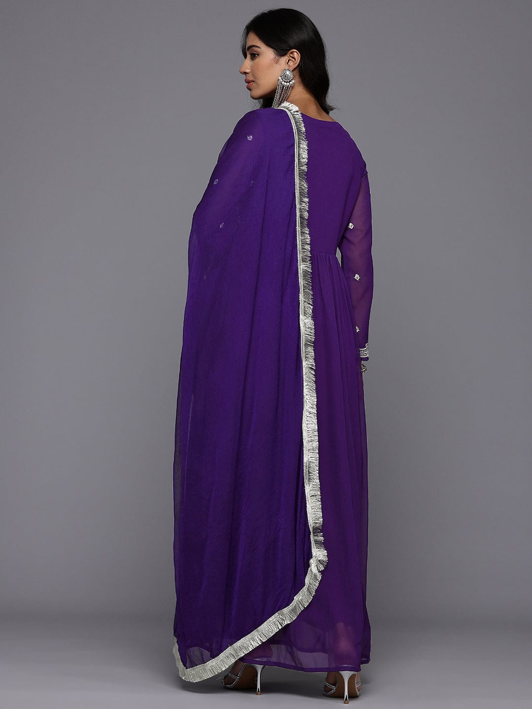 zeyvelle Women Purple V Scalloped Neck with Zari and Thread Embroidered Anarkali Kurta with Dupatta