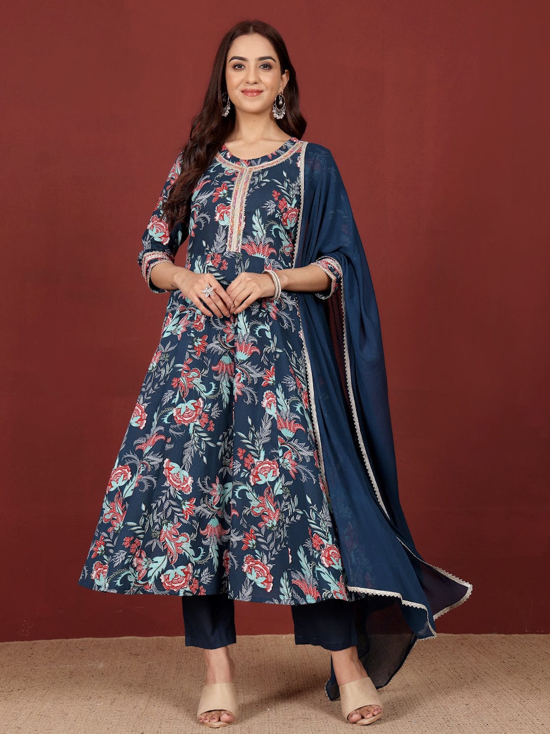 zeyvelle Women Floral Printed Zari Detailed Anarkali Kurta With Trouser & Dupatta