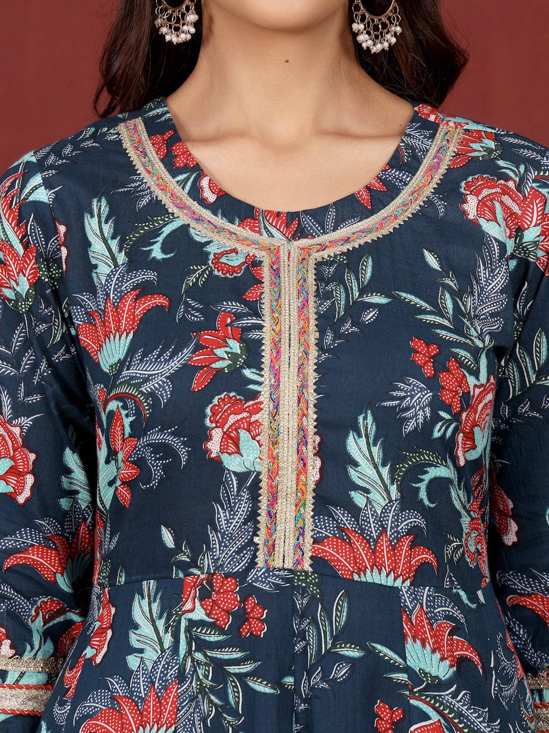 zeyvelle Women Floral Printed Zari Detailed Anarkali Kurta With Trouser & Dupatta