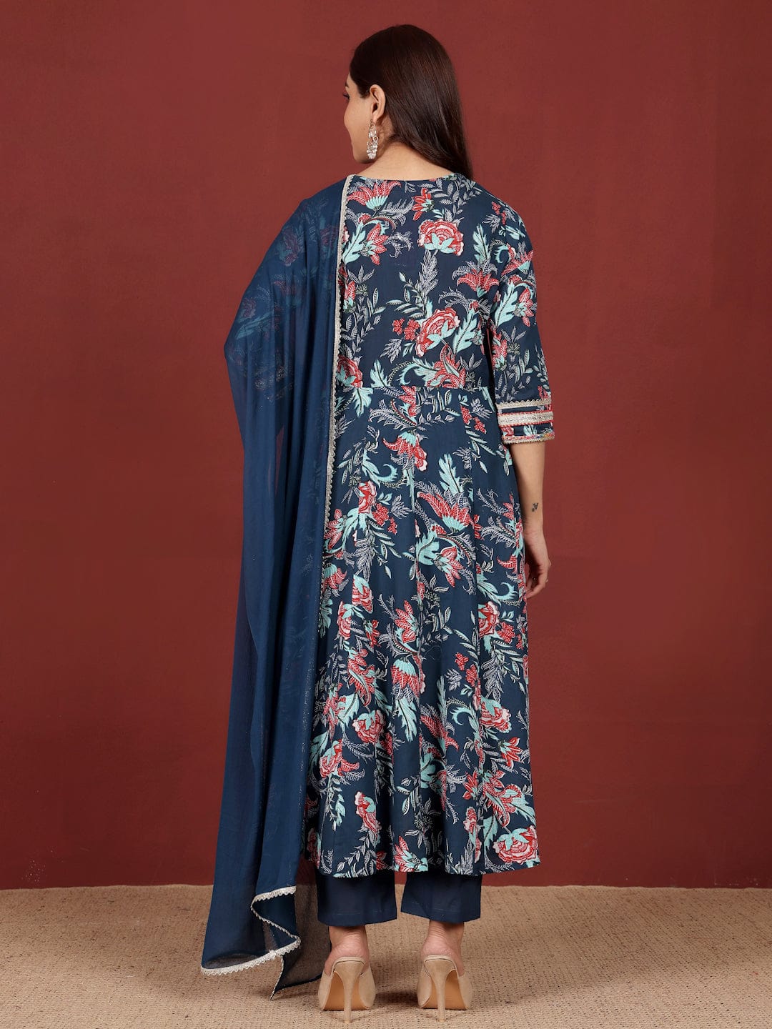 zeyvelle Women Floral Printed Zari Detailed Anarkali Kurta With Trouser & Dupatta
